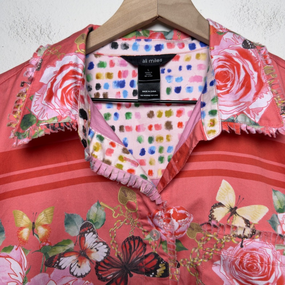 Ali Miles Womens 100% Cotton Button Up Shirt L Pink Floral Butterfly Fringe Trim - Picture 2 of 10